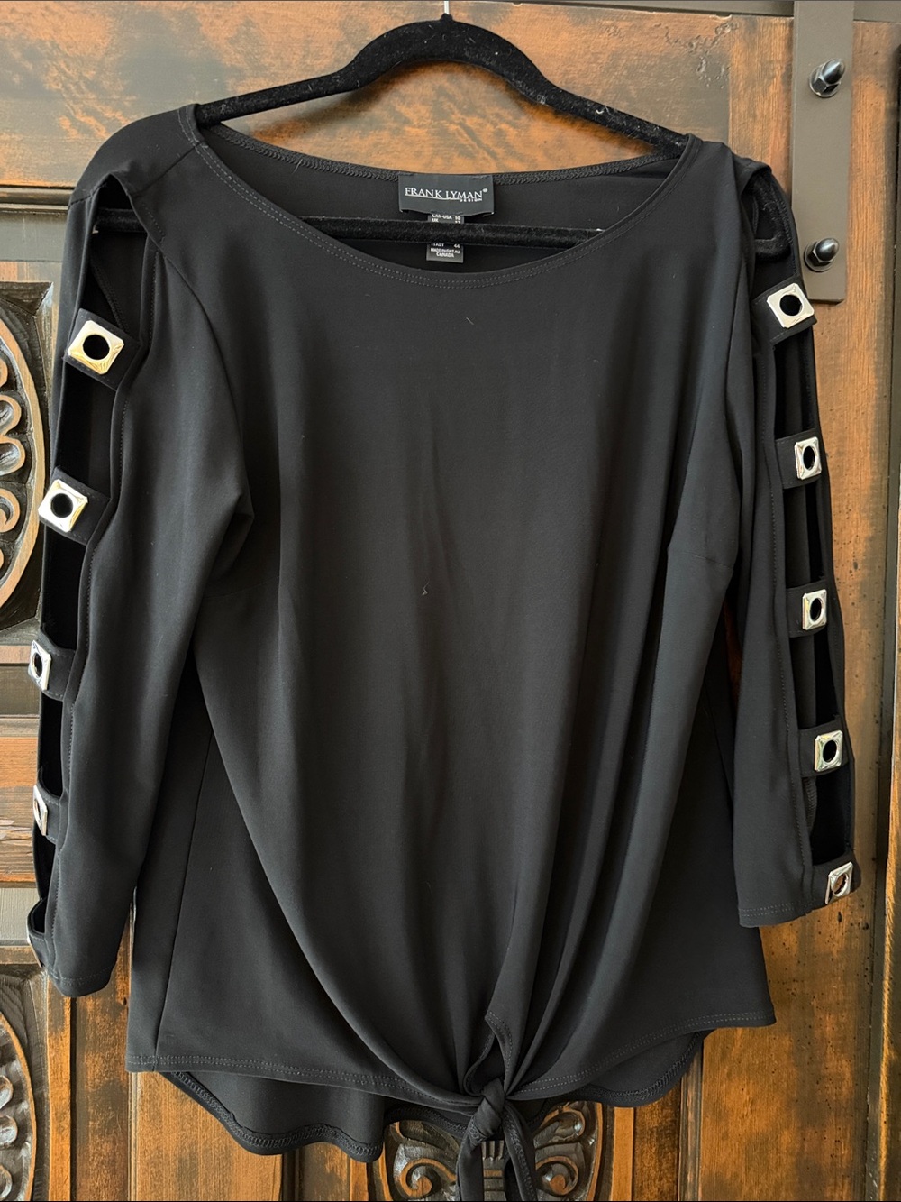 Frank Lyman Design Black Grommet-Sleeve Tie-Front Top